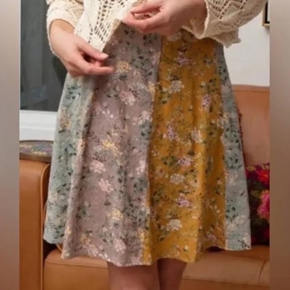 Valentina Skirt Light Blue Floral Mix Mustard Lavende Patchwork Size Medium Knee - Picture 1 of 13